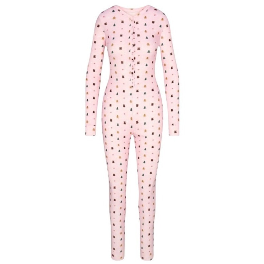 Skims CPFM Plush Pointelle Onesie Gingerbread Snow Print Pink Large CP-ON-0571